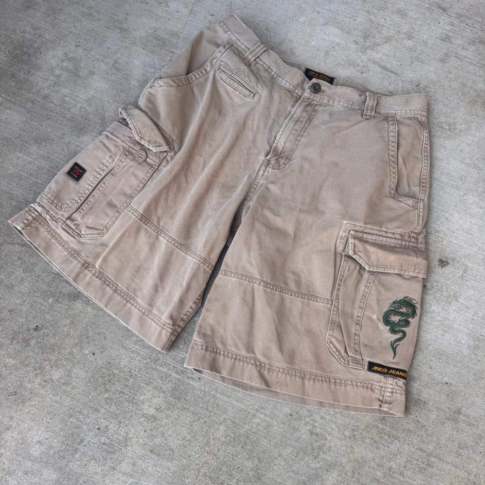 JNCO Jeans Mens Dragon Embroidered Cargo Shorts Camel Tan 32 Skater Y2K